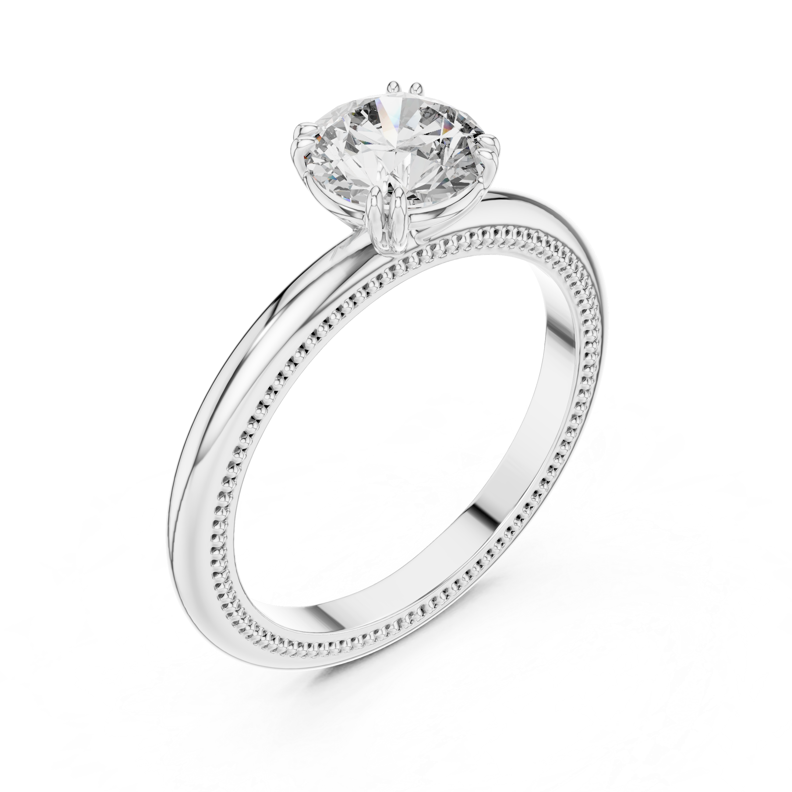 Diamond ring with a white gold band on a white background